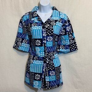 H-153 Leslie Fay PLUS SIZE 18W Blue‎ Black & White Short Sleeve Blouse